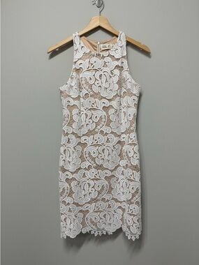 Eliza J White Lace Midi Dress with Nude Underlay